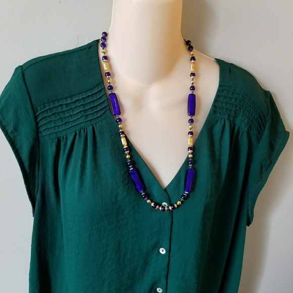 Relisted- cobalt blue glass bead necklace Czech gold - Picture 2 of 9